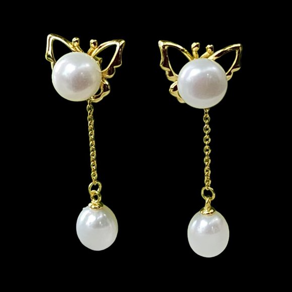 18K Gold Plated Reversible Butterfly With White Freshwater Pearl Dangle Earrings - Picture 9 of 14